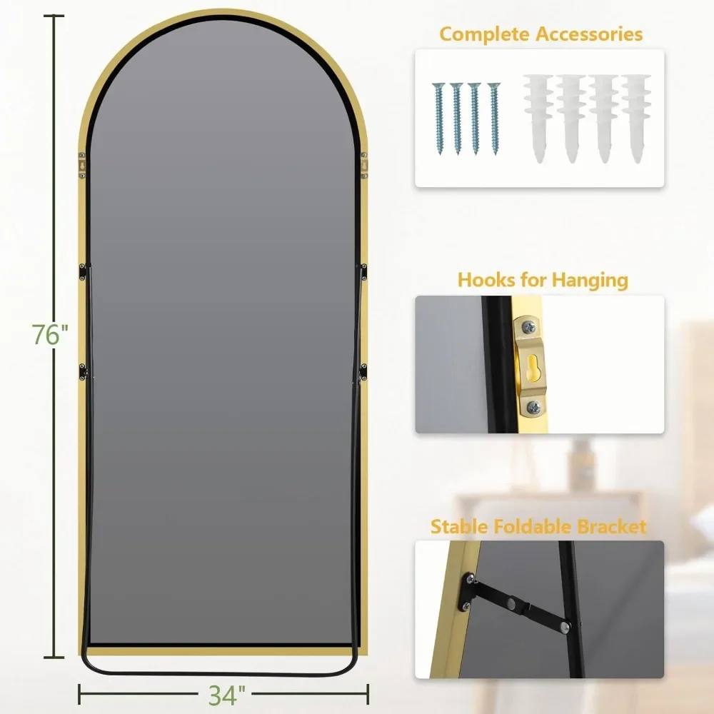 مرآة كبيرة بطول كامل مع حامل ، مقوسة ذهبية ، أرضية كبيرة الحجم لغرفة النوم ، غرفة المعيشة ، غرفة المعاطف ، صالة الألعاب الرياضية ، 76 "x 34"