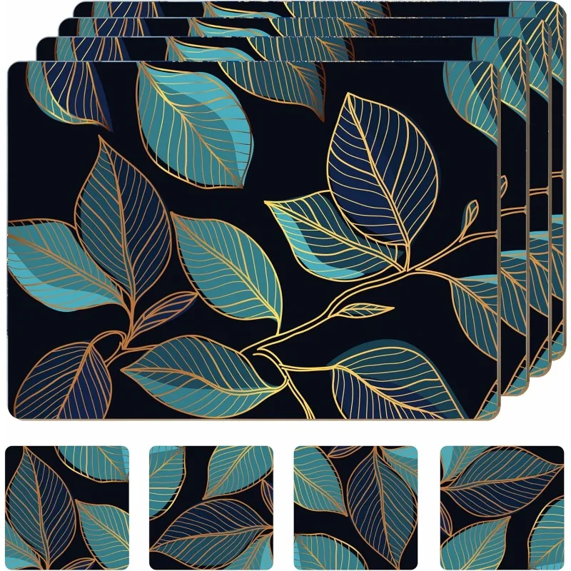 Set of 4 Heat Resistan Coasters Sage Green Marble Design 16 x 12 Inches Cork Backed Hard Placemats (Blue Gold Botanical)