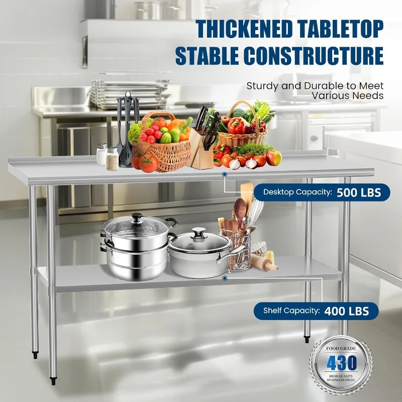 Stainless Steel Table 24 x 60 Inch Metal Prep Table with Backsplash and Adjustable Base