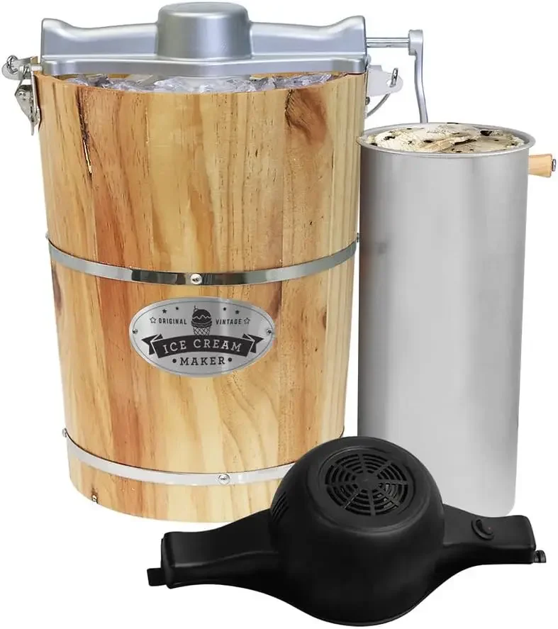 Gourmet Old Fashioned 6 Quart Vintage Appalachian Wood Bucket Electric Ice Cream Maker Machine, *Bonus Classic Die-Cast Hand Cra