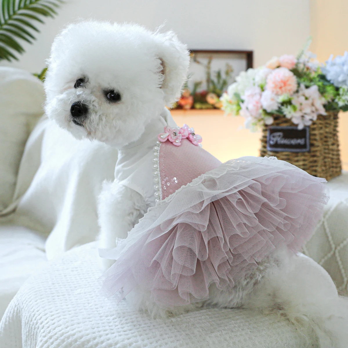 1PC Pet Clothing Spring and Autumn Pink Blossoming Buckle Wedding Dress Princess Dress Suitable for Small and Medium sized Dogs