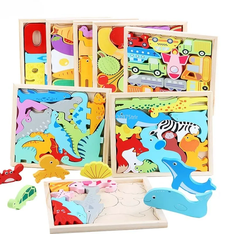 

Hot New 3D Puzzle Wooden Toys Baby Learning Educational Hand Grasp Board Cartoon Animal Fruit and Vegetable Jigsaw Toy Gifts