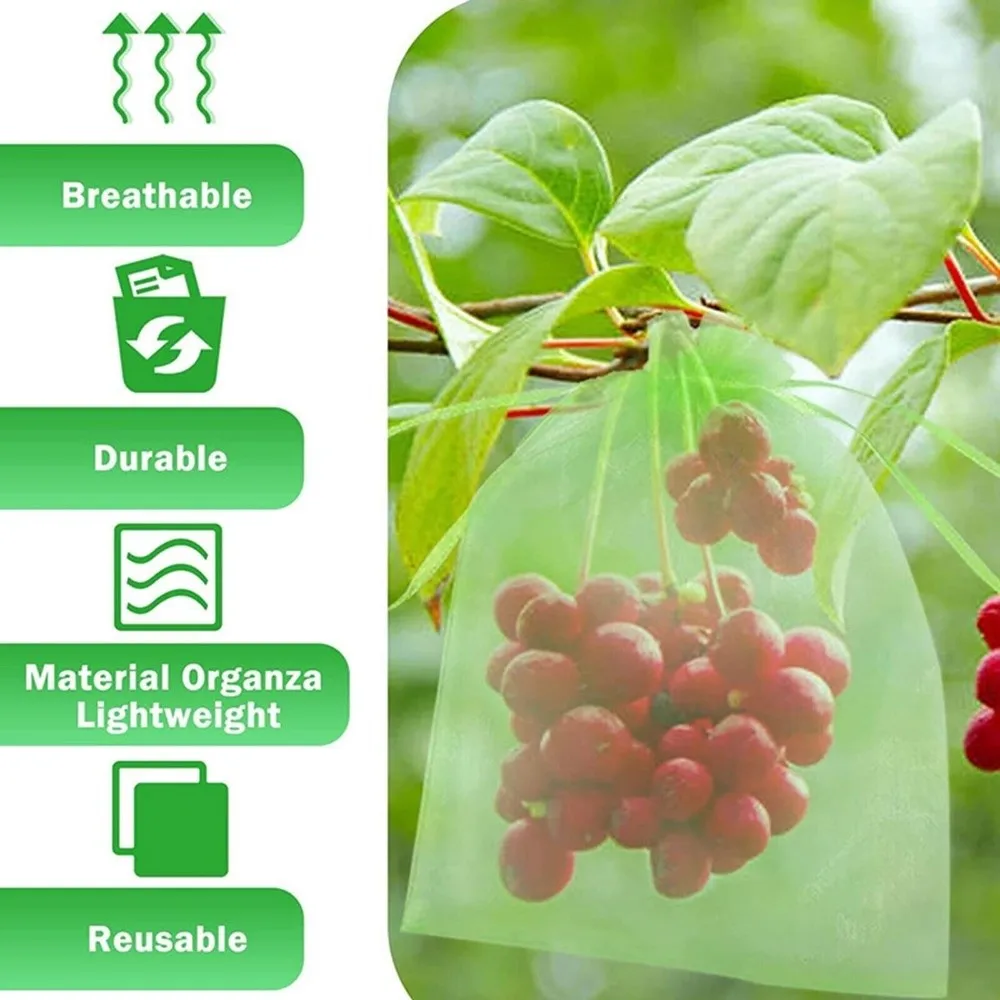 100Pcs Mesh Fruit Protection Bags Organza Weather Resistant Fruits Insect Proof Bag with Drawstring Anti-Bird Netting
