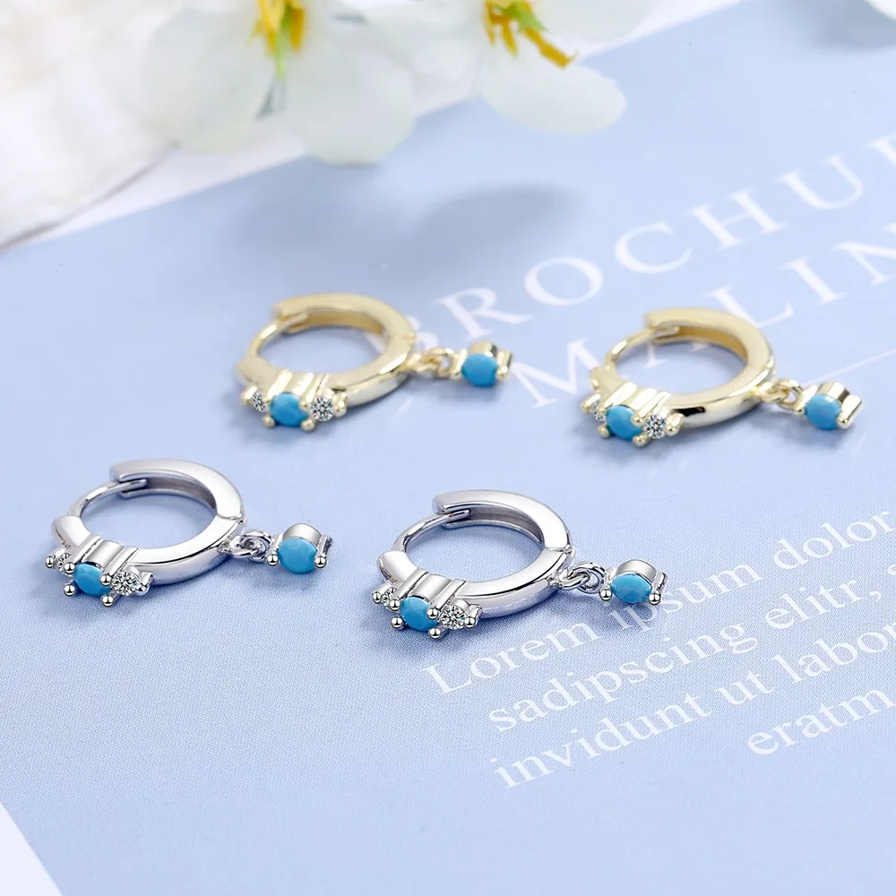 Vintage Natural Turquoise Hoop Earrings Solid Stamp 925 Sterling Silver Color Luxury Trendy Earring For Women Wedding Jewelry