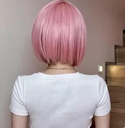 Natuurlijke Roze Bob Synthetische Pruiken Met Bang Korte Rechte Kleurrijke Cosplay Haar Pruik Voor Vrouwen Dagelijks Feest Hitte