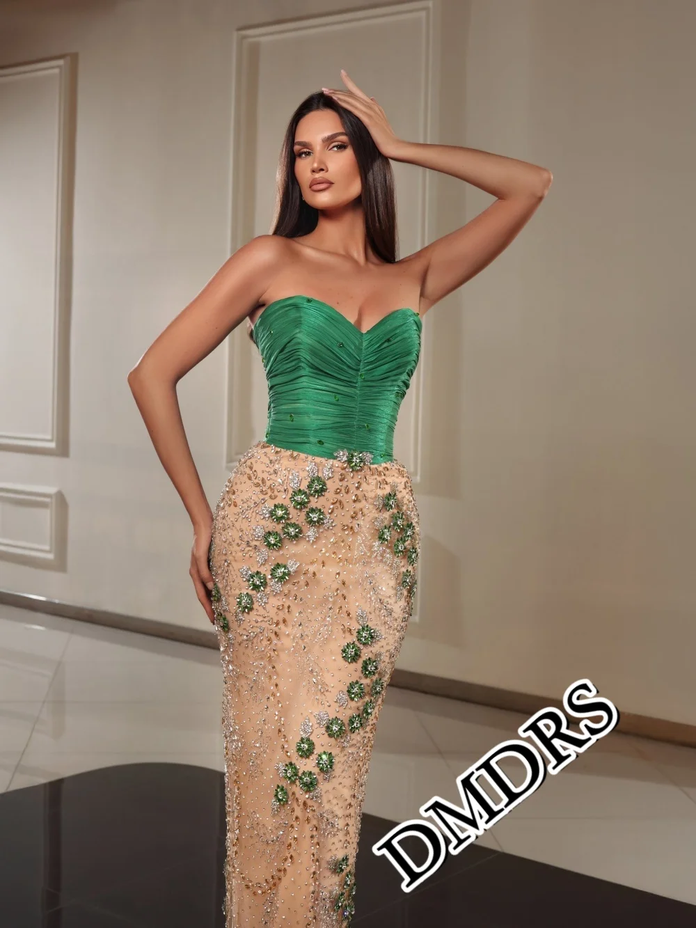 

DMDRS Elegant Strapless Evening Dress, Classic Velvet A-Line Party Gown, Classic Pearl Crystal Floor-Length Party Dress