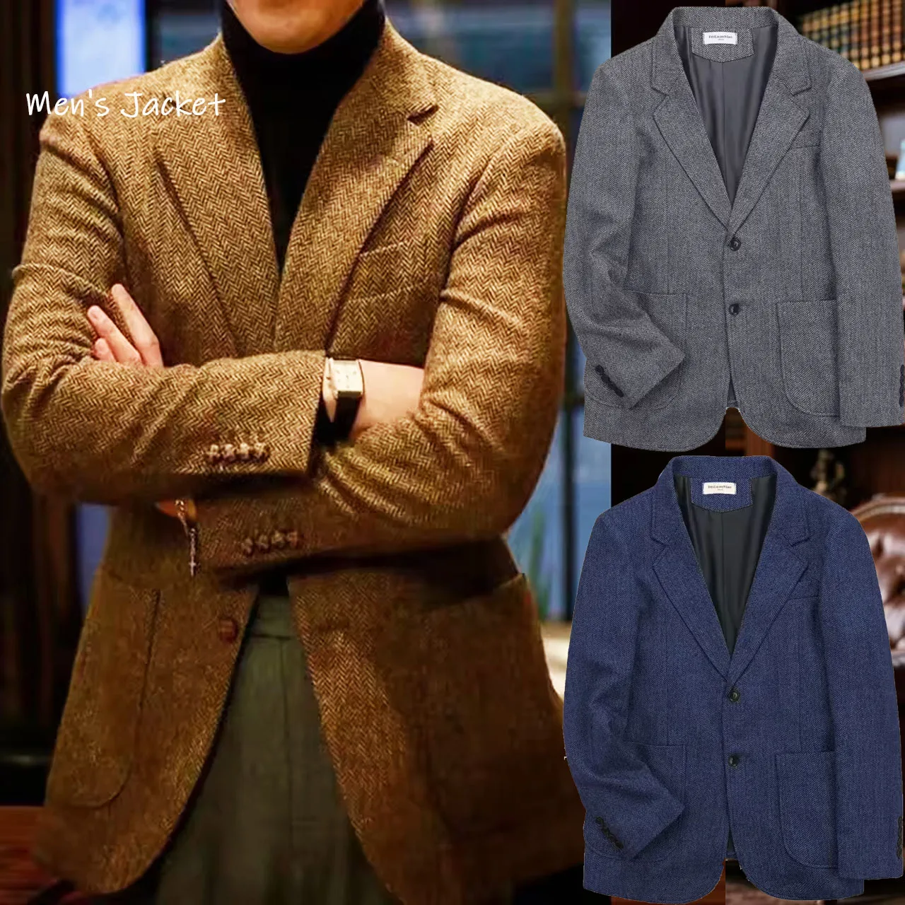 레트로 영국 트위드 남성 재킷 블레이저 헤링본 울 브라운 수트 패턴 가을 및 겨울 슬림 핏 남성 럭셔리 턱시도
