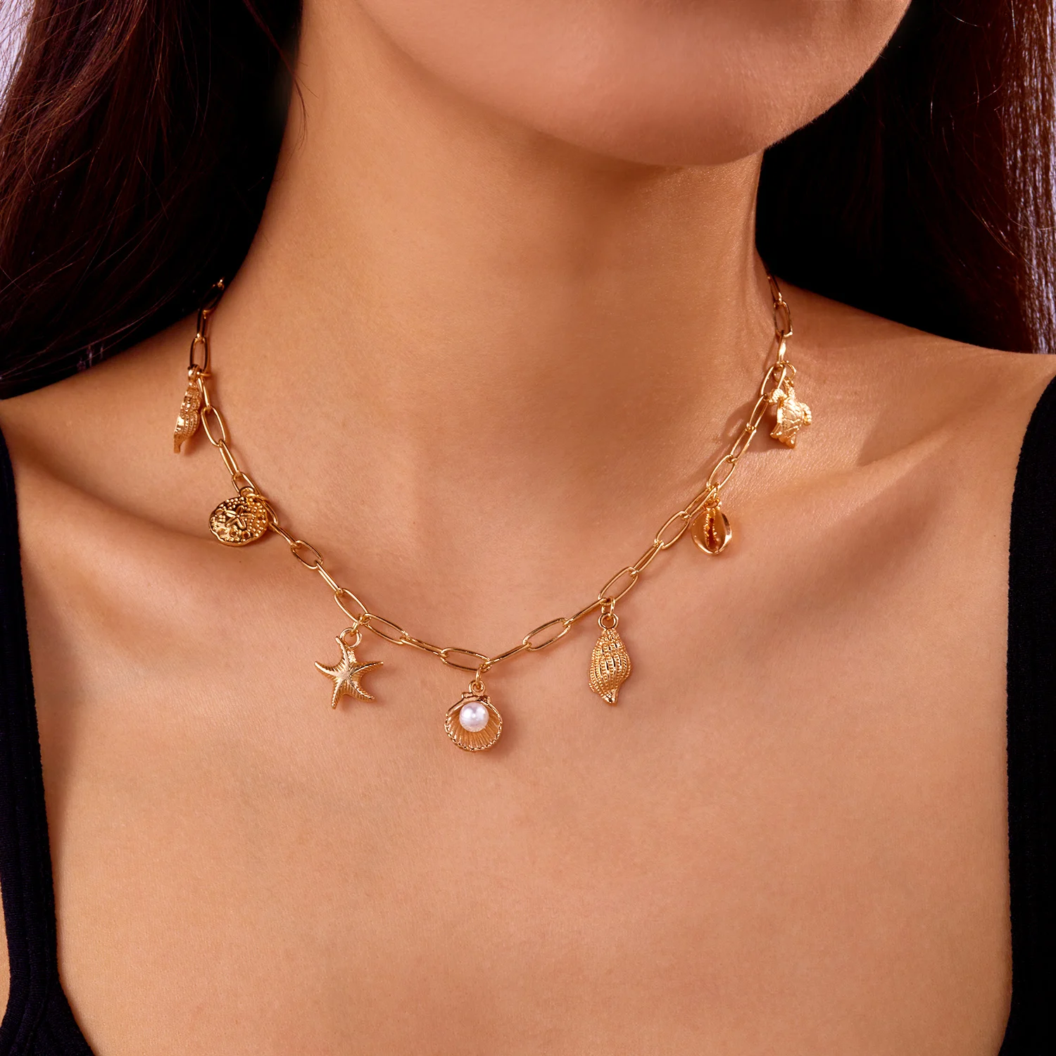 Modische Goldfarbene Anhängerkette mit Seestern, Muschel und Schildkröte für Damen, Handgefertigte Muschelketten-Halskette, Sommer-Strandparty-Schmuck – Detail 7