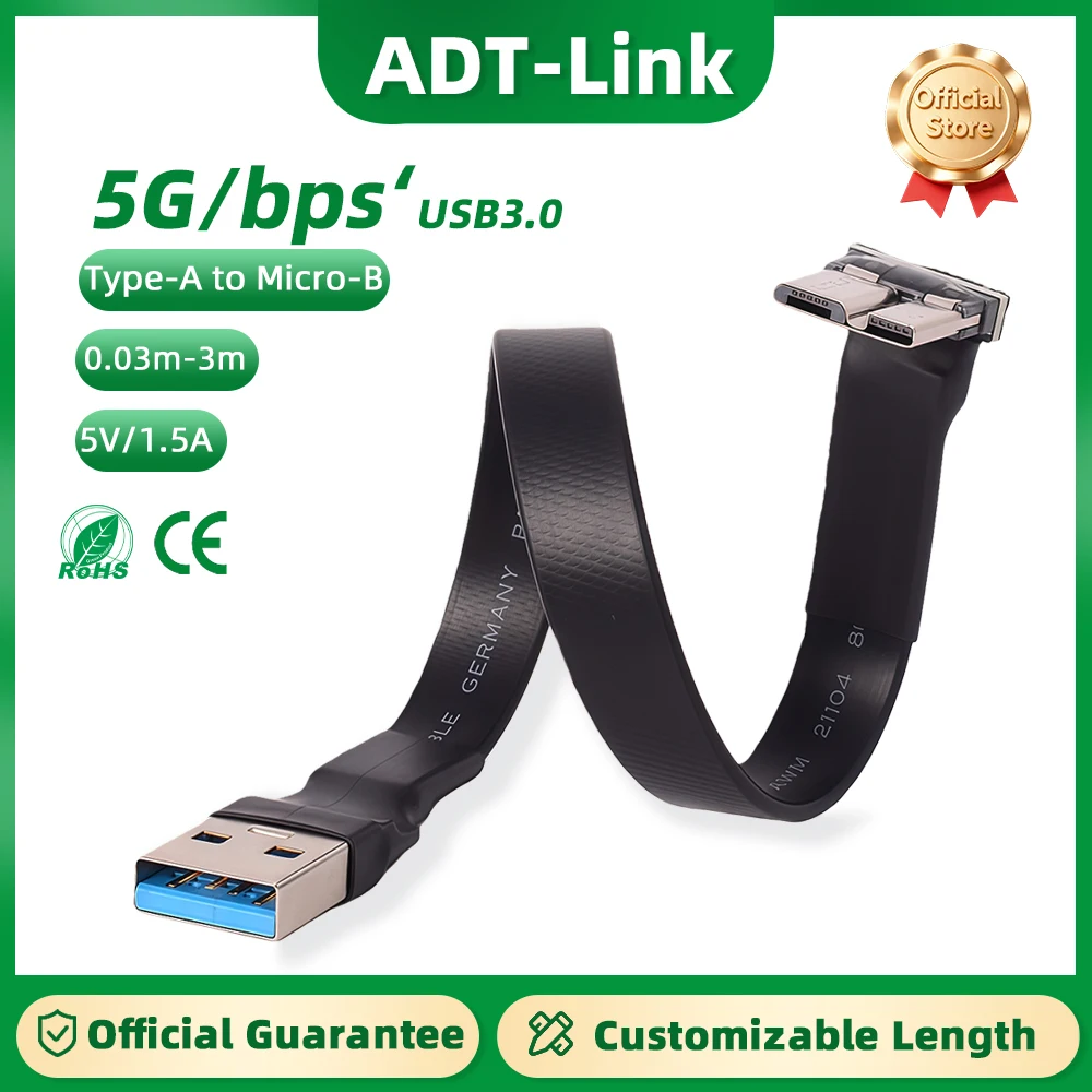 ADT-Link USB 3.0 Micro-B to Type-A Male to Male Fold 90° Flat Cable Micro-B Internal Adapter FPC FPV Aerial Hard Disk 0.03m-1m