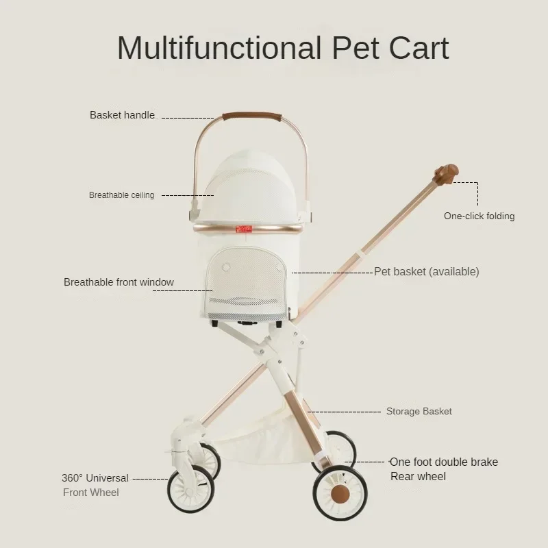 Lightweight White High-view Pet Stroller Multifunctional Dog Stroller Breathable Pet Stroller High-looking Pet Car