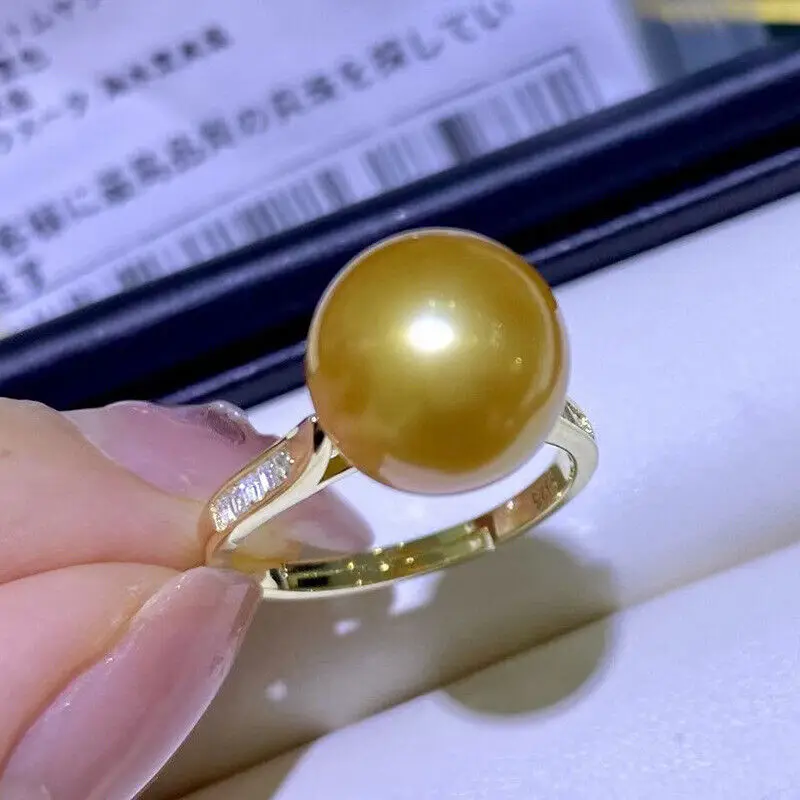 Gorgeous Oversized AAAA 11-10mm Round Natural South Sea Gold Pearl Ring High-end National Style Women's Ring 925 Silver