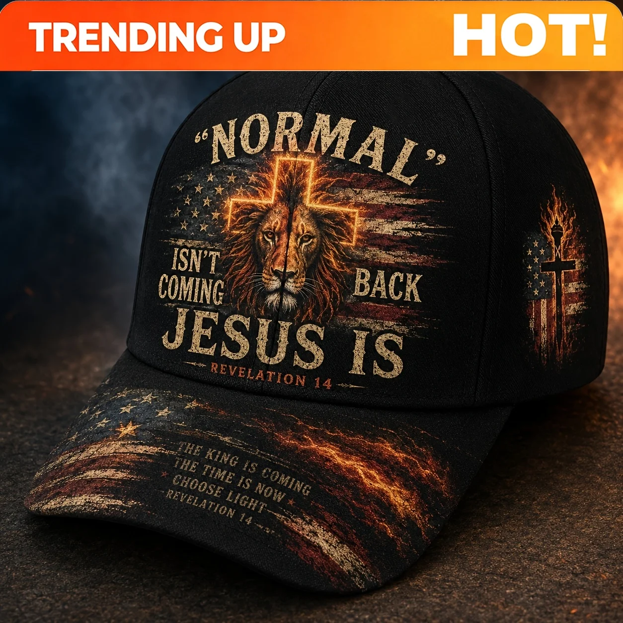Custom Men'S Baseball Cap With Lion, Cross, And Flame Design, Religious Motif, Adjustable Summer Hat, Black, Suitable For Christ