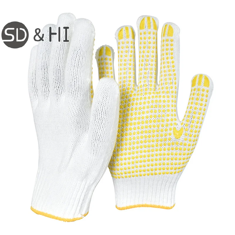 1Pairs Yarn Adhesive Gloves Cotton Polyester String Knit Shell Safety Protection Work Gloves For Mechanic Industrial Warehouse