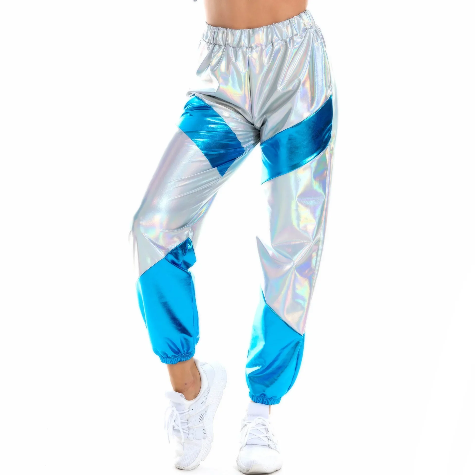 Women Reflective Long Pants with Pockets High Waist Loose Holographic Patchwork Trousers Club Dance Jogger Pants Clubwear