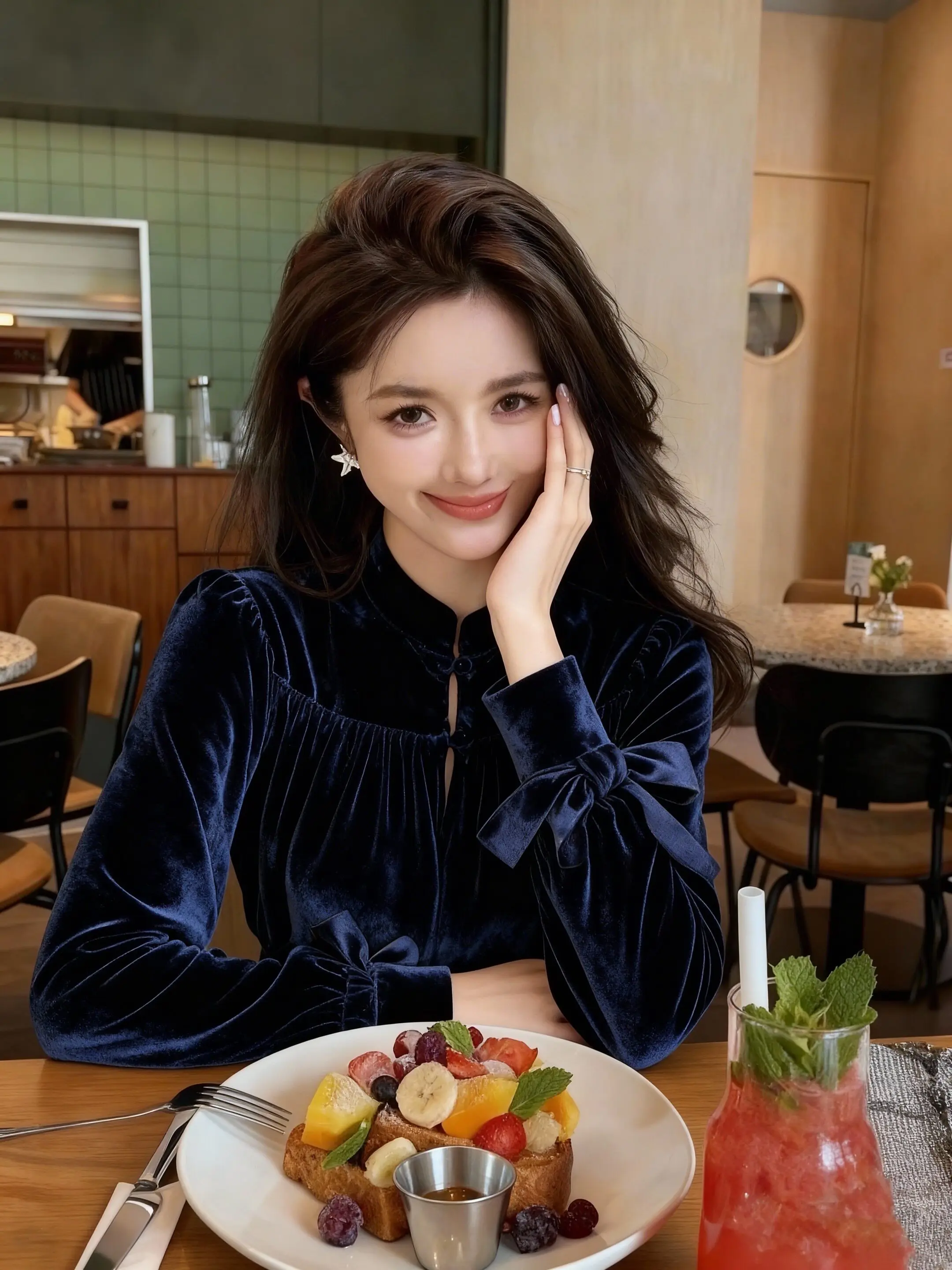 Spring Fall Women Stand Collar Vintage Plated Loose Navy Bow Velvet Top T Shirt , Woman Autumn Chinese Tyle Velour Tops Shirts