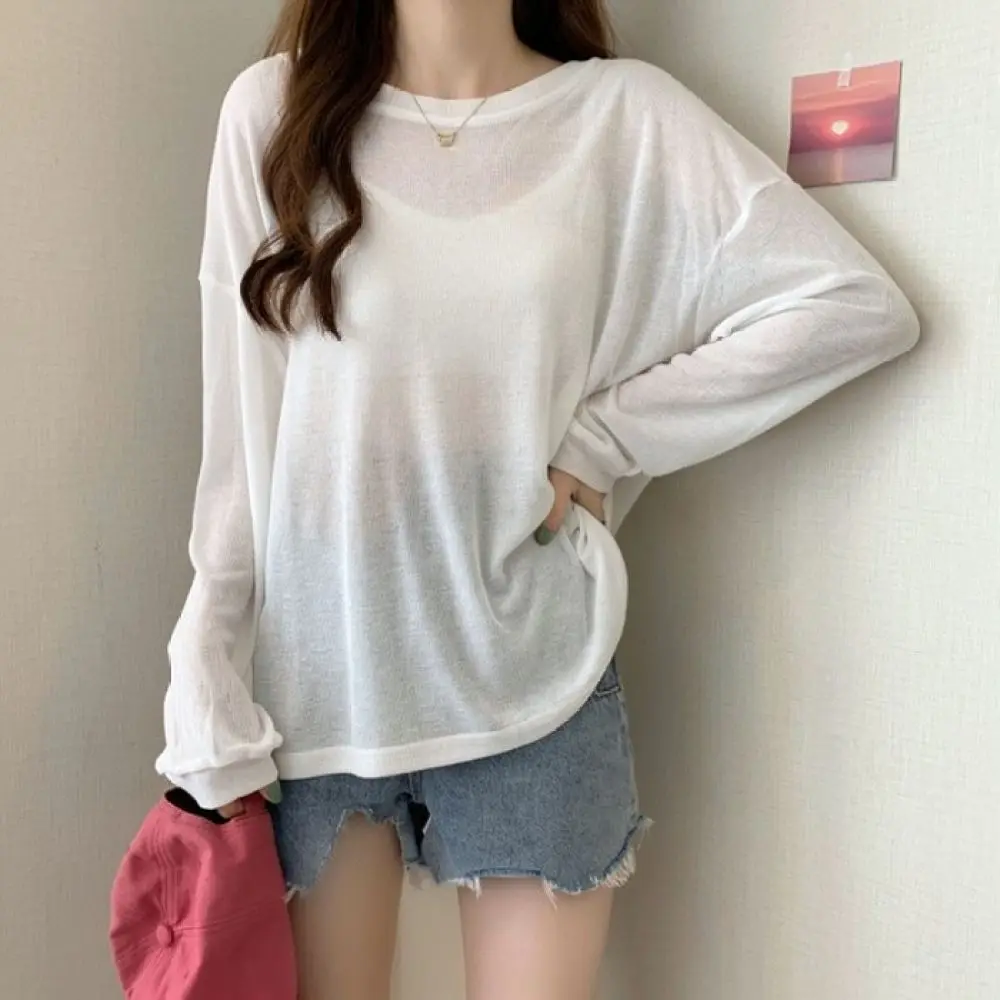 Women Fashion Long Sleeve Ribbed Shirt Loose Casual Top Ice Silk Breathable Sun Protection Tee Soft Basic Summer Blouse