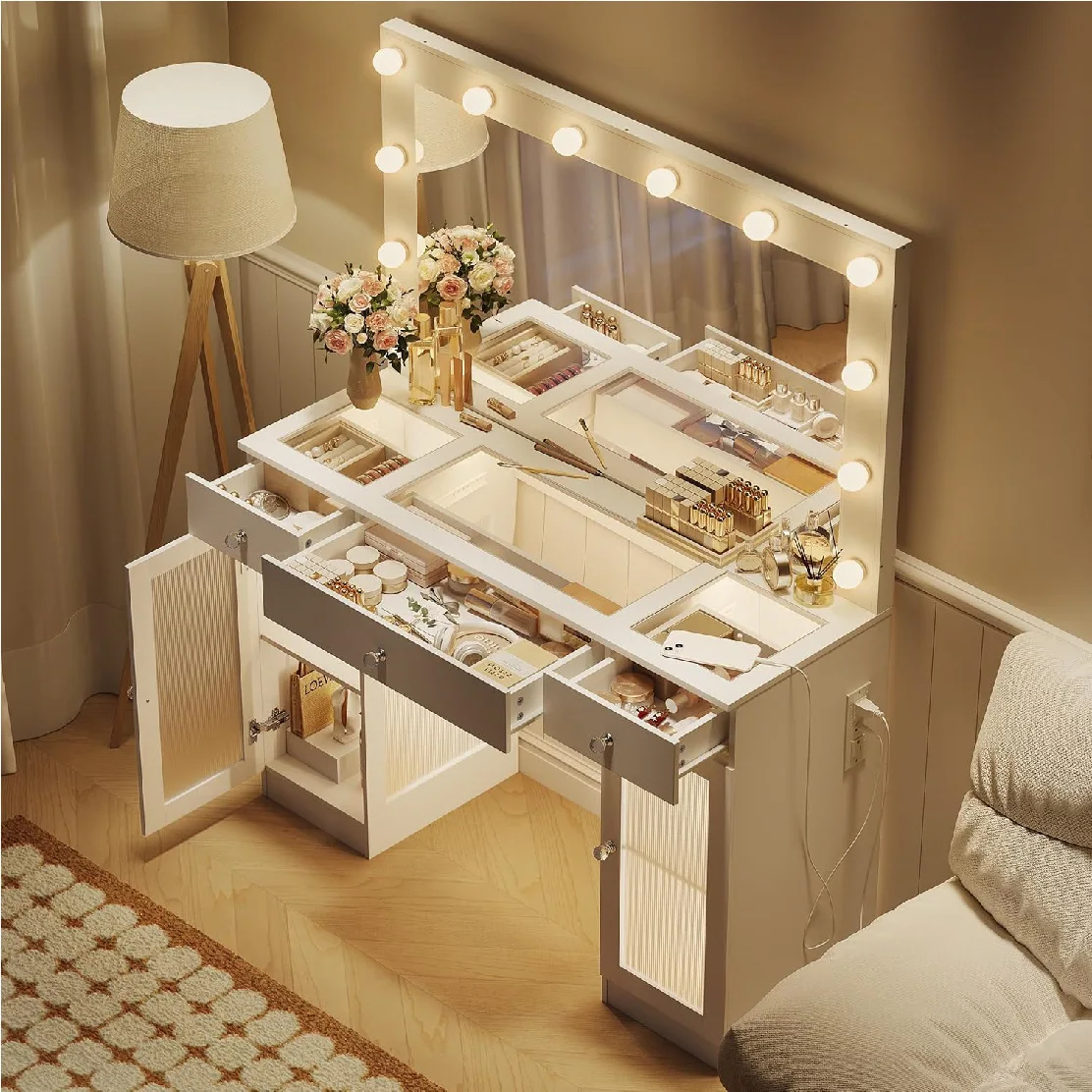 Amazon cross-border best-selling board-style furniture bedroom dressing table with dressing bench, white assembled