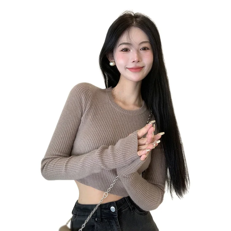 Women Sexy Cropped Tops O Neck Long Sleeve Sweater Spring Slim Fit Versatile Short Crew Neck Tops Lady Tight Basic Pullover