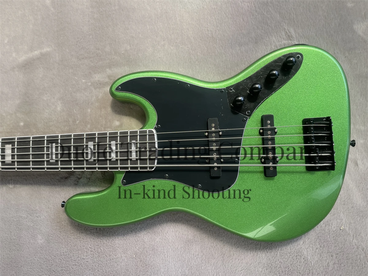 5 Strings Electric Bass Jazz Solid Body Metal Green Bass Rosewood Fingerboard Active Battery Black Guard Black Tuners Bridge