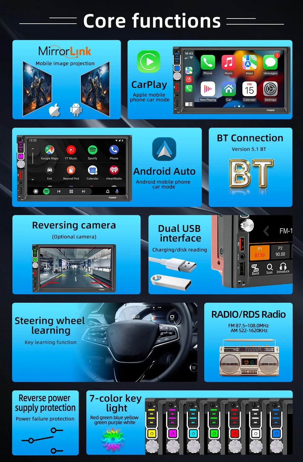 7 بوصة HD اللاسلكية CarPlay أندرويد السيارات شاشة تعمل باللمس راديو السيارة 2 Din عالية الجودة سيارة مشغل فيديو مع كاميرا خلفية بلوتوث