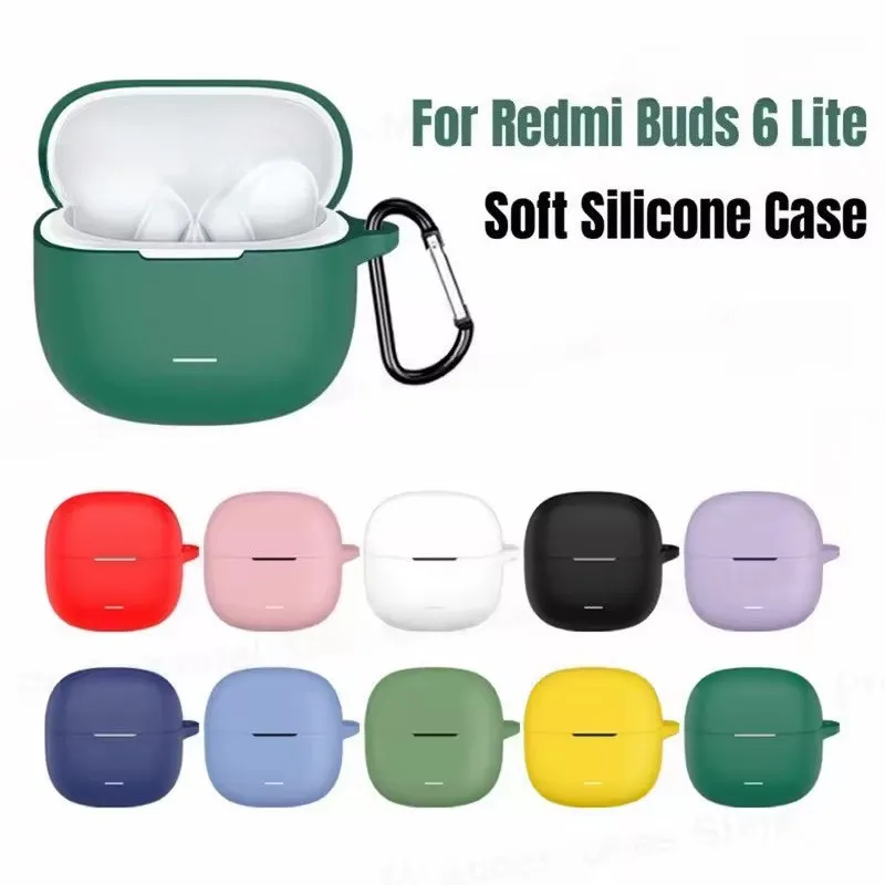 غطاء حماية من السيليكون الناعم لهاتف Redmi Buds 6 Lite سماعة بلوتوث لاسلكية مقاومة للصدمات مع صندوق سماعة رأس بخطاف