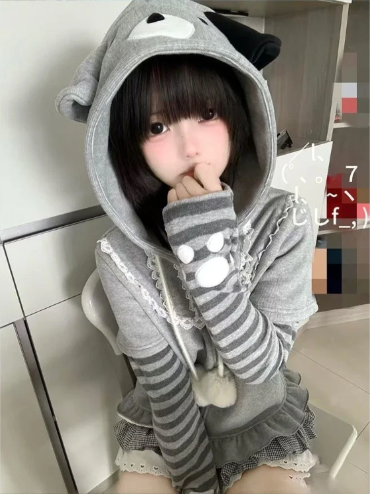 

Американский милый кардиган с капюшоном, толстовка 2024, ранняя осень, новое серое пальто для женщин, свободные топы в полоску с длинными рукавами Mujer