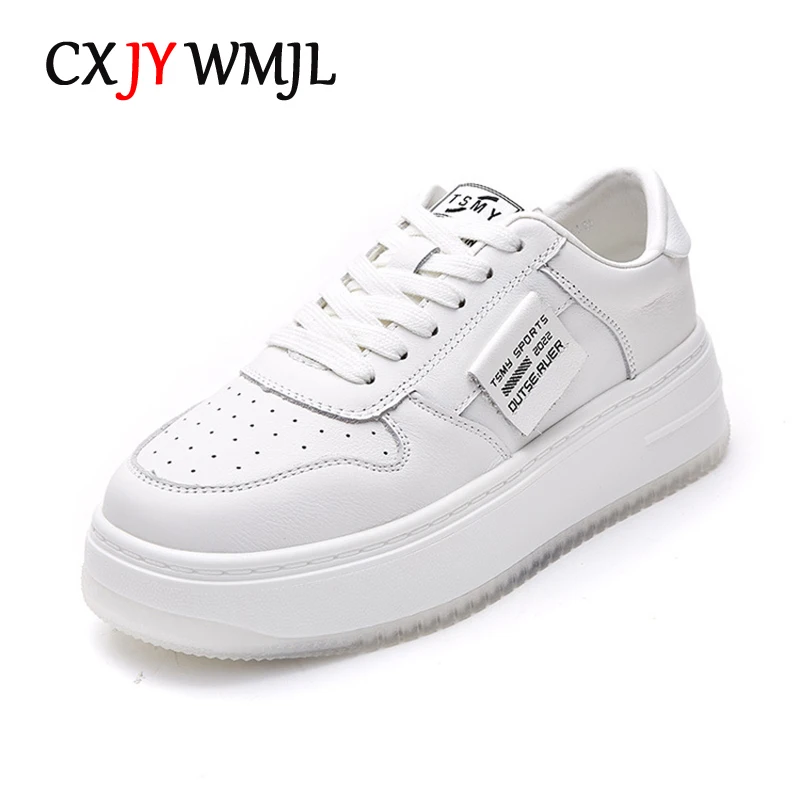 CXJYWMJL Genuine Leather Women Platform Sneakers Spring Casual Little White Shoes Ladies Thick Sole Vulcanized Shoes Court