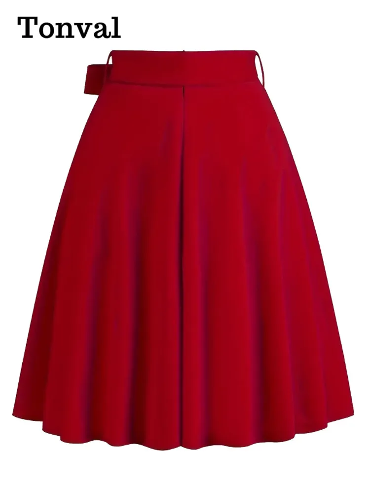 Tonval Bow Front Solid A-Line Women's Skirt Summer 1950s Vintage Style 2025 Knee Length Elegant Swing Skirts