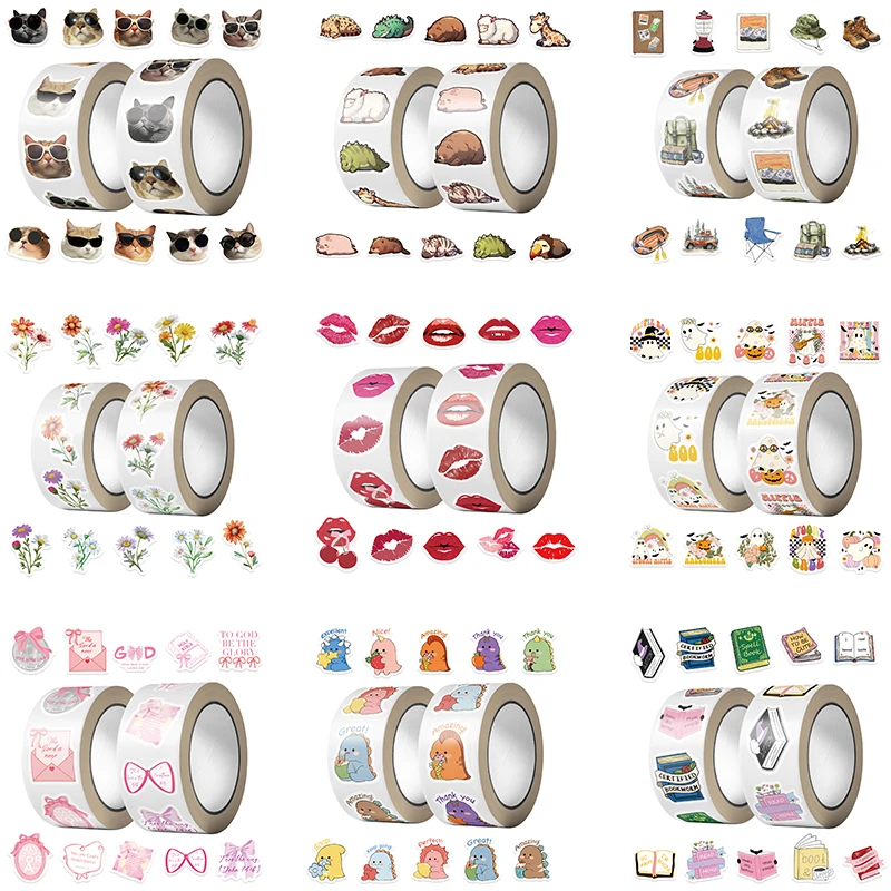 500pcs Sleepy Animal Cat Head Ghost Dinosaur Bookish Daisy Lips Stickers Seal Label Decorative Sticker Roll Stickers