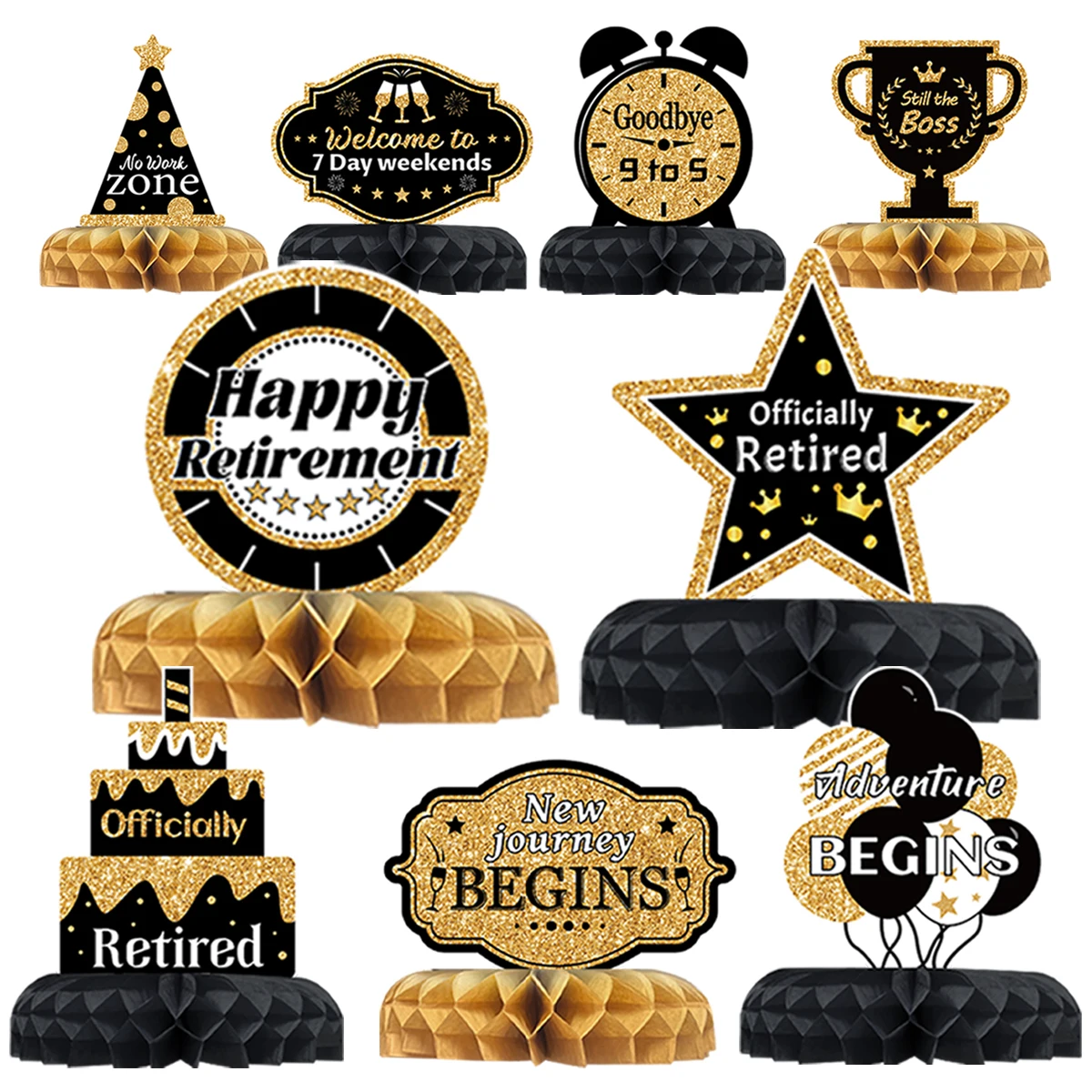 9Pcs Black Gold Retirement Themed Honeycomb Balls Party Favor Centerpieces Table Topper Officially Retired Party Decor Supplies