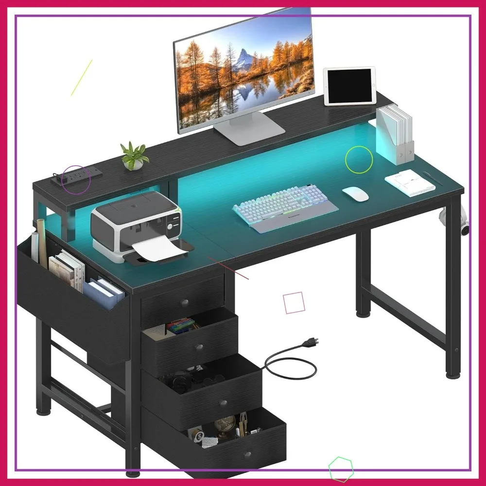 

47-inch Gaming Desk with LED Lights, Power Outlets, Fabric Drawers & Reversible Monitor Stand in Black
