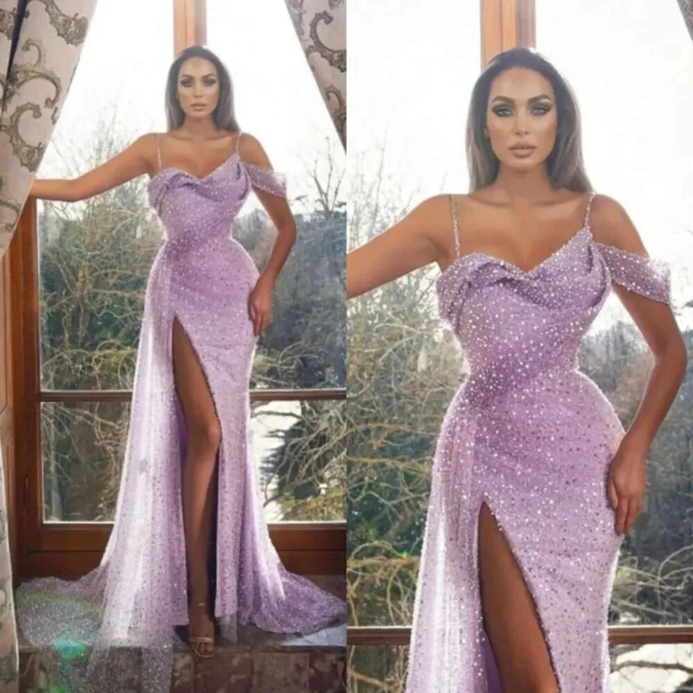 

New Sexy Lilac Mermaid Prom Dresses 2024 Lace Veet African Women Party Gowns Sequin Vestidos De On Formales Formal Evening YD