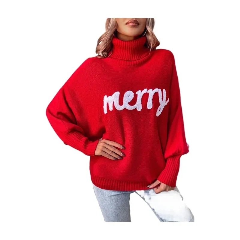 BLACK SWEET Autumn and Winter New Christmas Sweater Women High Neck Loose Batwing Sleeve Short Knitted Sweater Womens Pullover image 5