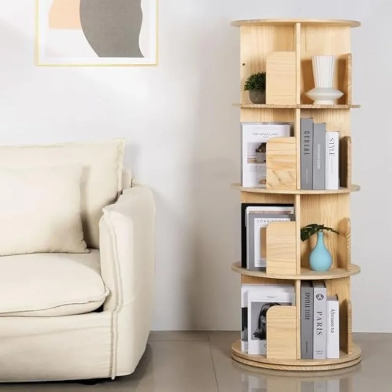 Bookshelf Tower, 4 Tiers 360 Spinning with Detachable Feet Revolving Bookcase Solid Wood Corner Organizer Display