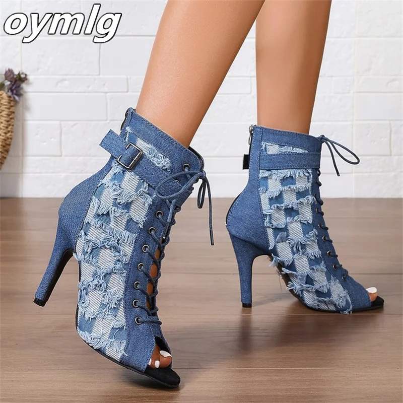 New large-sized high heeled fish mouth sandals for women\'s fashion slim heel denim style open toe sandals high heels