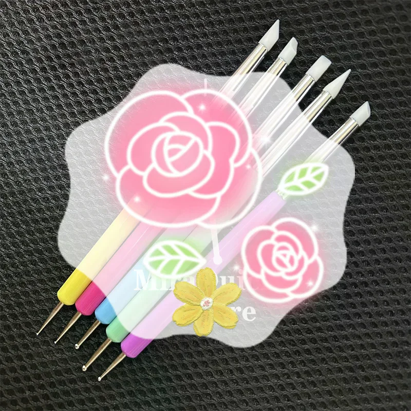 5 個のシリコーンネイルアートドットペンラインストーンアプリケーターデュアルヘッドプラスチックハンドルマニキュアエンボス彫刻ポリッシュ彫刻ツール