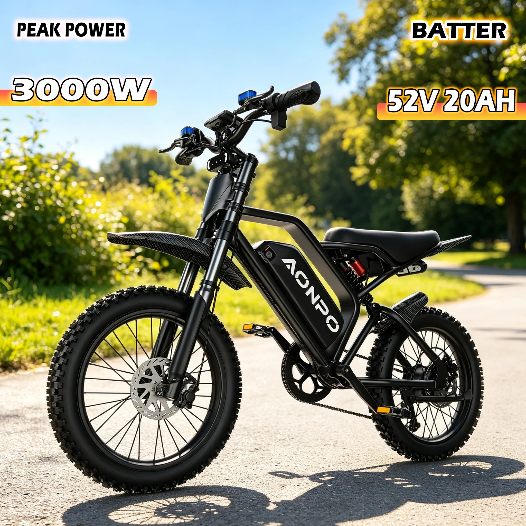 POWBEN V21 Peak 3000W 52V 20Ah Elektrofahrrad mit 17-Zoll-Breitreifen, 7-Gang-Schaltungen und schneller Lieferung; Höchstgeschwindigkeit: 50 km/h