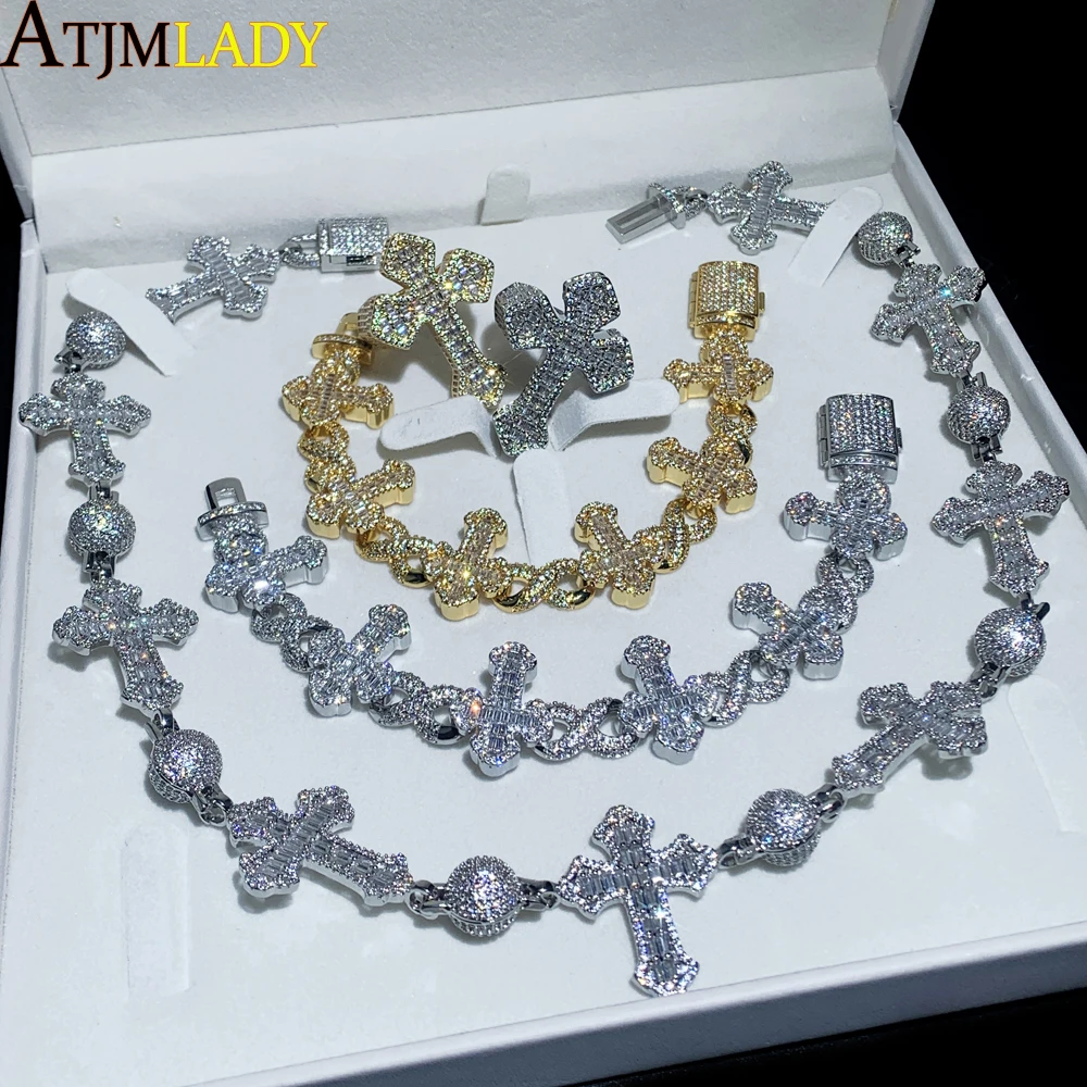 New Iced Out Ball Infinity Cross Necklace for Men Women Bling Cubic Zirconia Cuban Chain Cross Ring Bracelet Hip Hop Jewelry Set