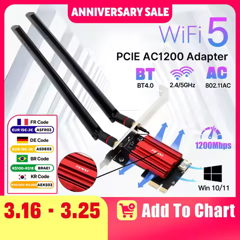 FENVI WiFi 5 AC1200 PCIE WiFi Adapter Bluetooth 4.0 802.11AC Wireless Network Card Dual Band 2.4G/5GHz Desktop For Win 7/10/11