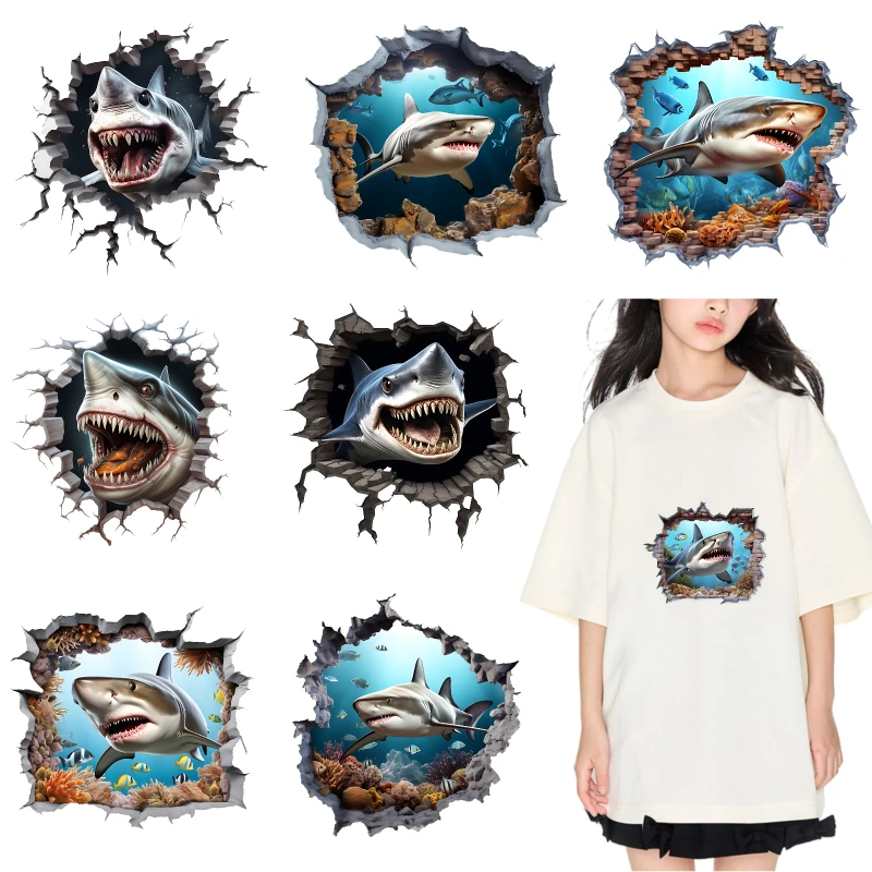 

2PCS Shark Breakthrough Ocean Scene iron on patches DTF Patches for clothes Iron-on transfers for clothing heat transfer