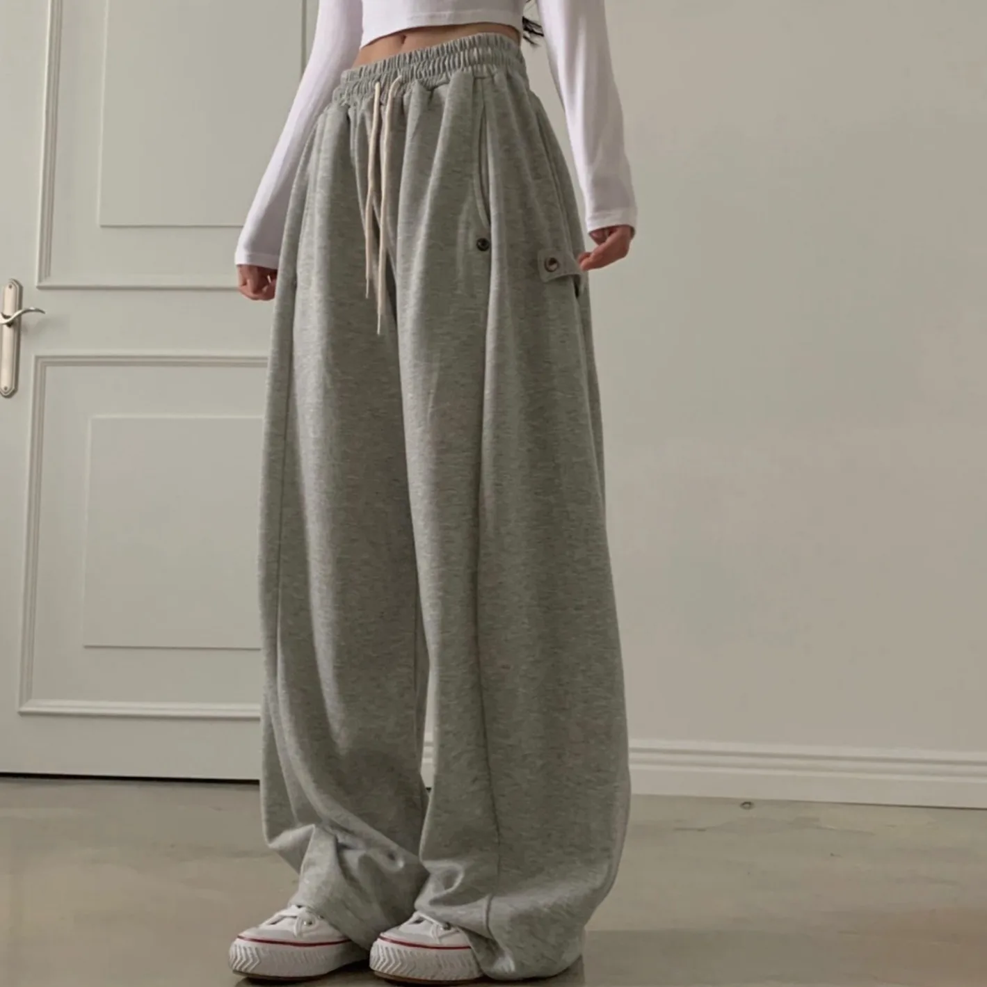 South korea Chic Autumn New Buckle Design Lace up High Waist Slimming Wide Leg Sweatpants Casual