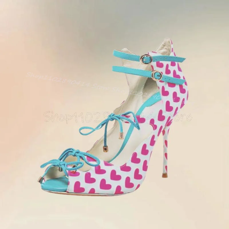 Pink Heart Print Blue Bow Knot Peep Toe Sandals Ankle Buckle Strap Women Shoes Thin High Heels Fashion 2024 Zapatos Para Mujere