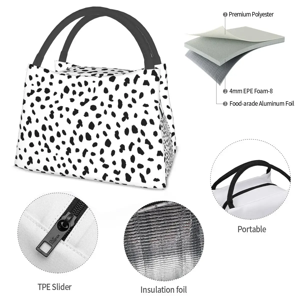 Dalmatian Dog Print Lunch Bag Black and White Portable Insulated Lunch Box School Print Cooler Bag Fashion Oxford Tote Food Bags image 5