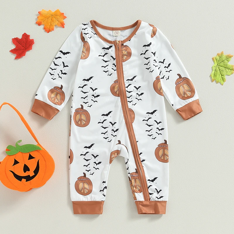 

Infant Halloween Costume with Ghost and Spider Print Cozy Long Sleeve Zip-Up Jumpsuit for Baby Boy or Girl