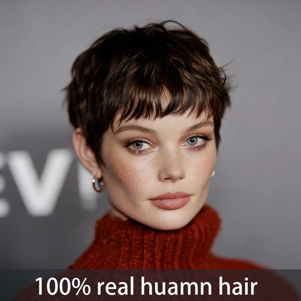 

Dark Brown Pixie Cut Human Hair Wig for Women 100% Real Human Hair Straight Human Hair With Bangs Machine Made Wig