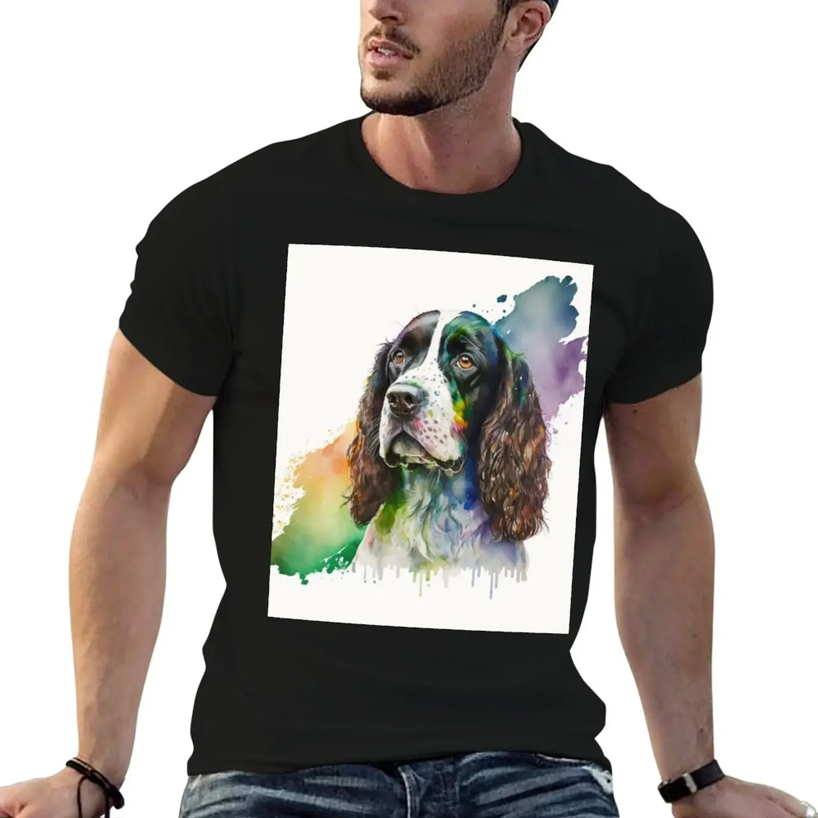 

Watercolor English Springer Spaniel Digital Art T-Shirt summer clothes shirts graphic tee clothing for men