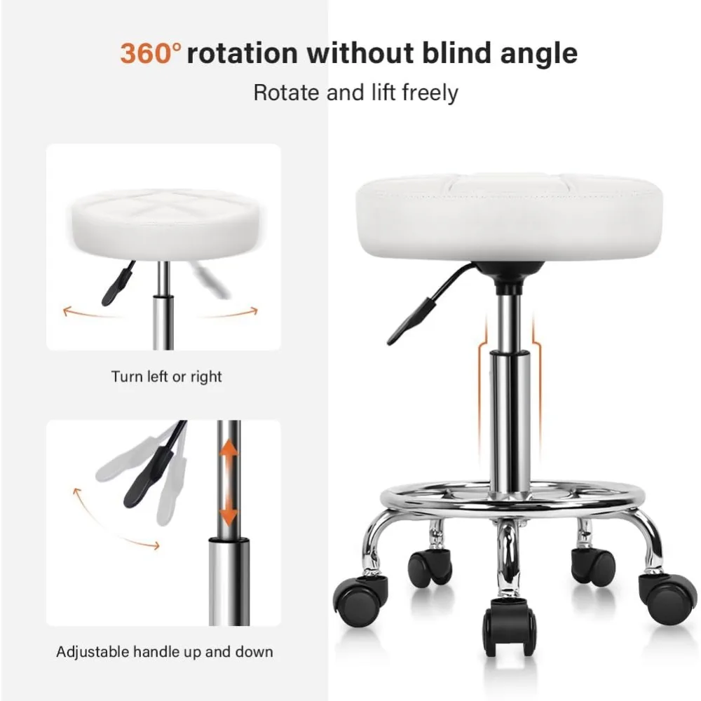 Adjustable Rolling Stool Chair with PU Leather, Swivel & Wheels for Office Salon Home (White)