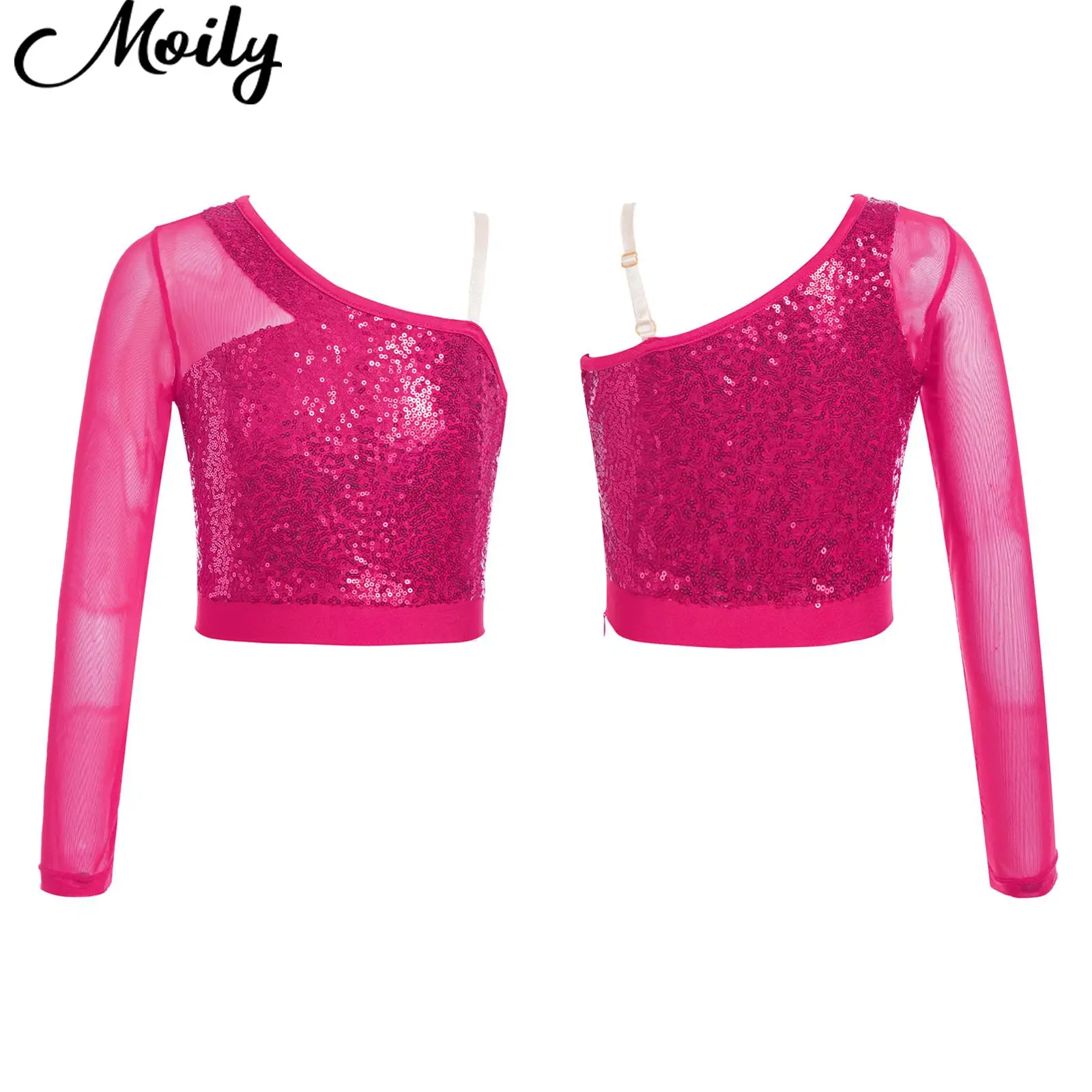 

Girls Sparkly Sequins Cheerleading Dance Costume One Shoulder Crop Top Jazz Hip Hop Dance Tops Costumes for Performance Party