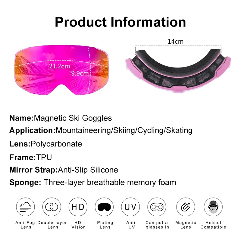 PHMAX Pro Magnetic Ski Goggles UV400 Anti-fog OTG Eyewear Lens Night Vision Yellow Lens Outdoor Sports Snowboard Snow Goggles