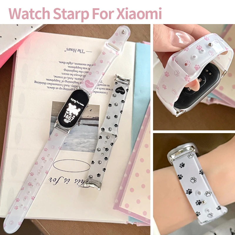Cute Paw Transparent Silicone Strap for Xiaomi Mi Band 10 9 8 Frosted Clear Wristband for Redmi Watch4 5 6 Replacement Bracelet
